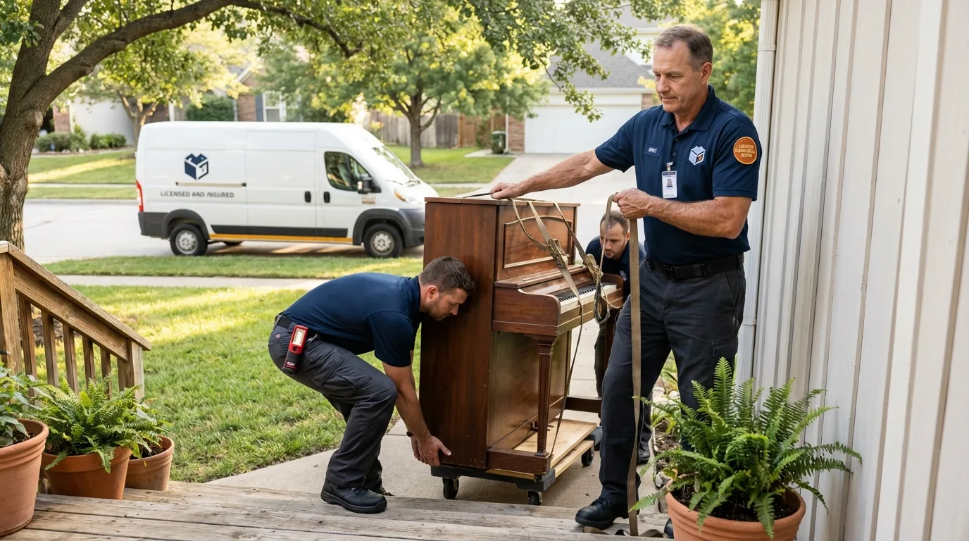 Licensed piano movers securing grand piano in Osgood, IN