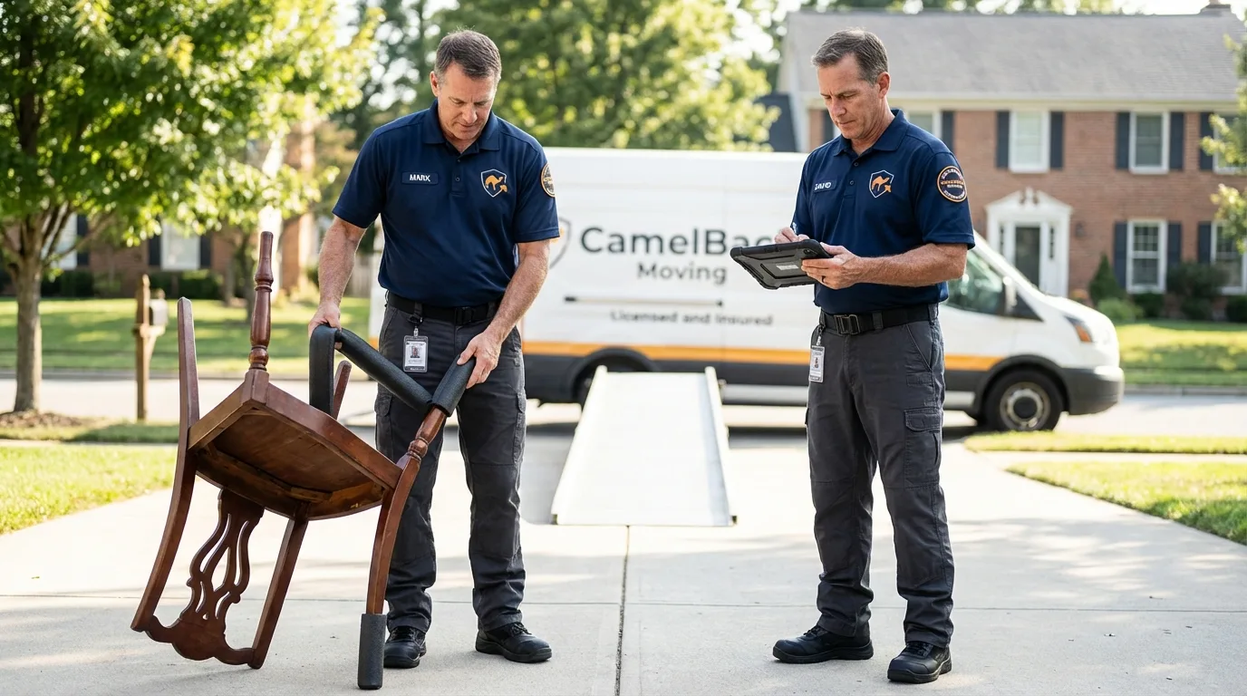Movers inspecting furniture for damage prevention before loading in Osgood, IN