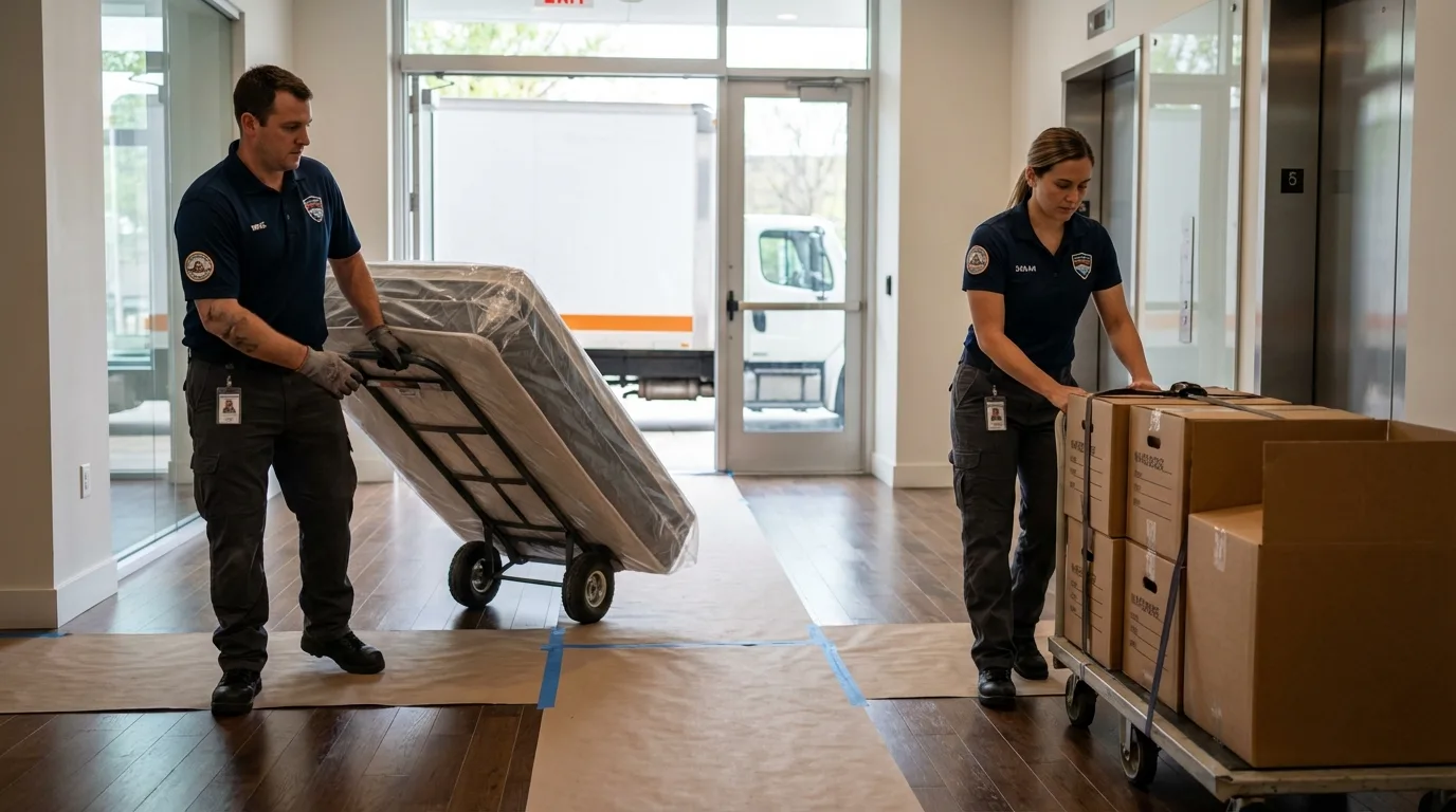 Professional apartment movers loading elevator in Osgood, IN